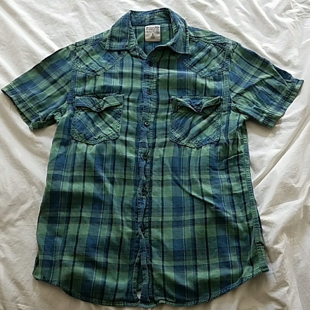 Western Style button down in blue/green plaid.